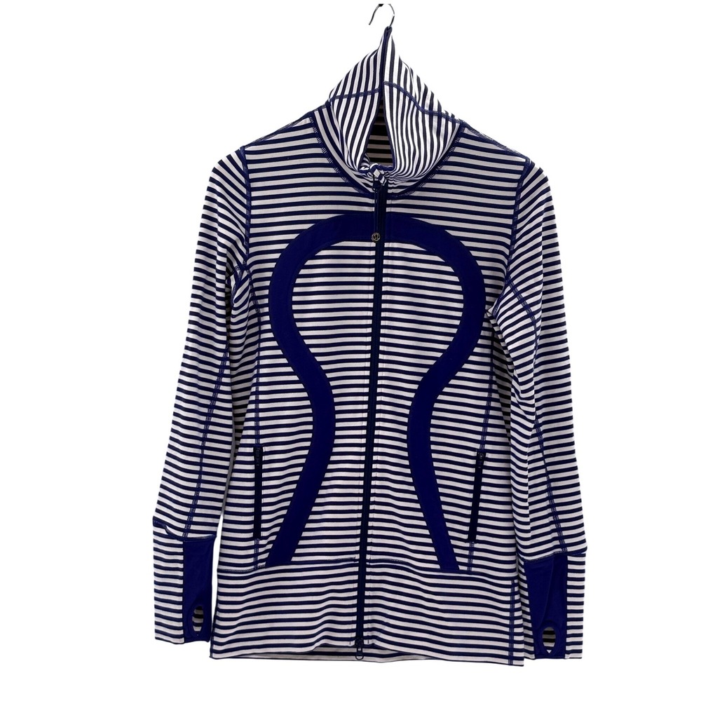Lululemon In Stride Jacket Sweatshirt Full Zip‎ Women 8 Blue White Stripe Rare